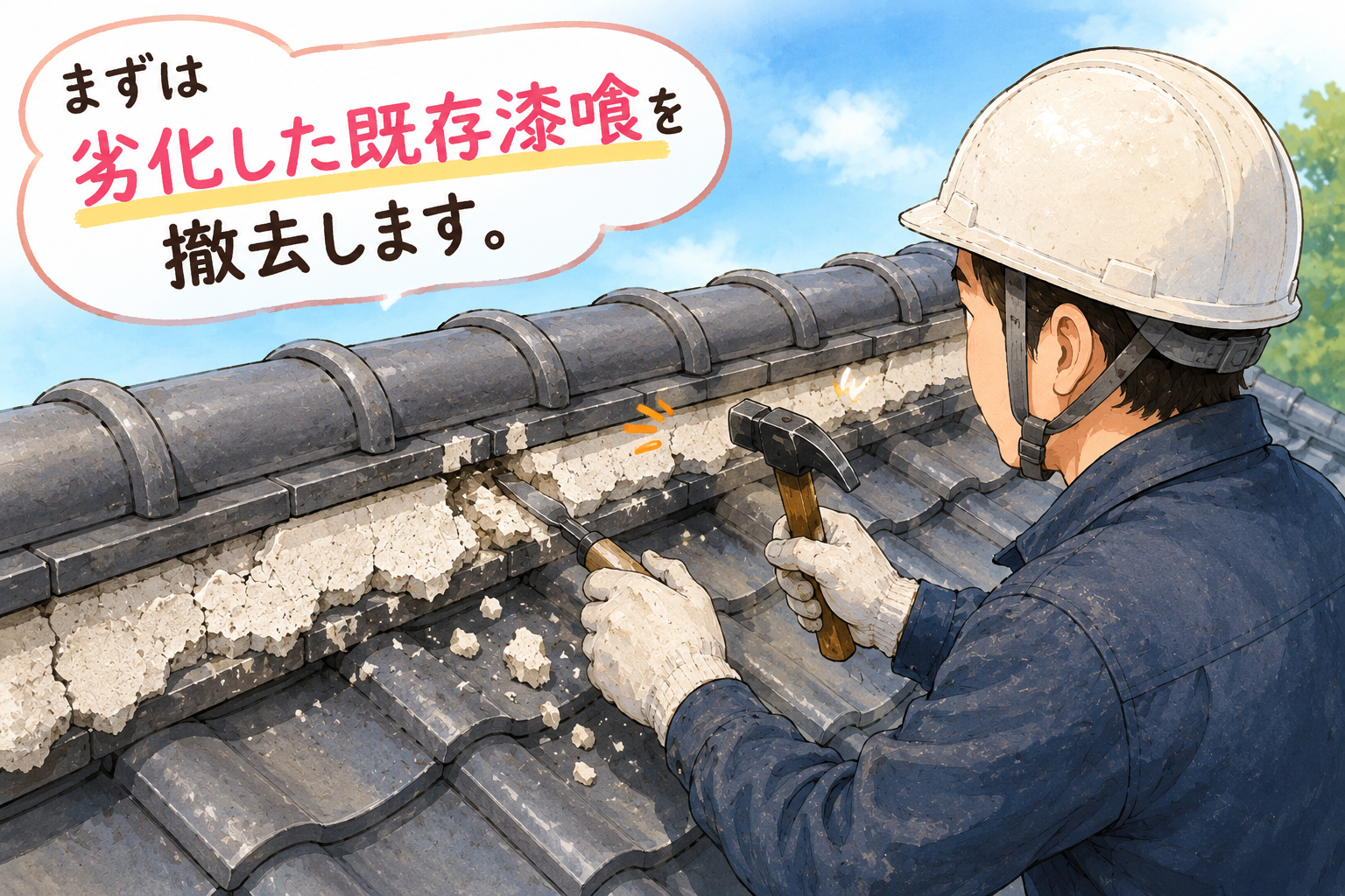 劣化した漆喰を撤去しました！
