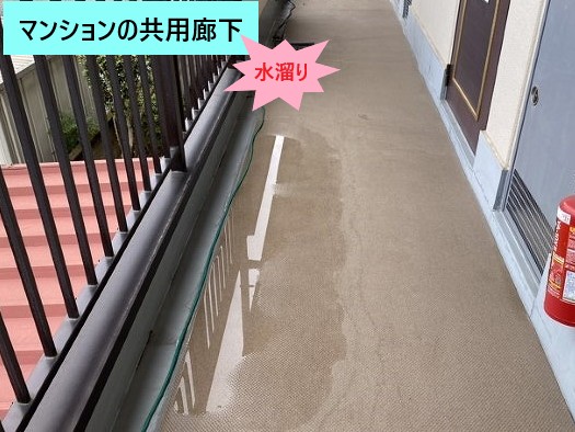 マンションの共用廊下に水たまり