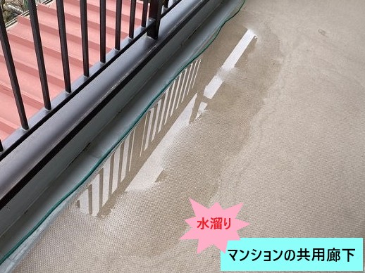 マンションの共用廊下にできた水たまりです