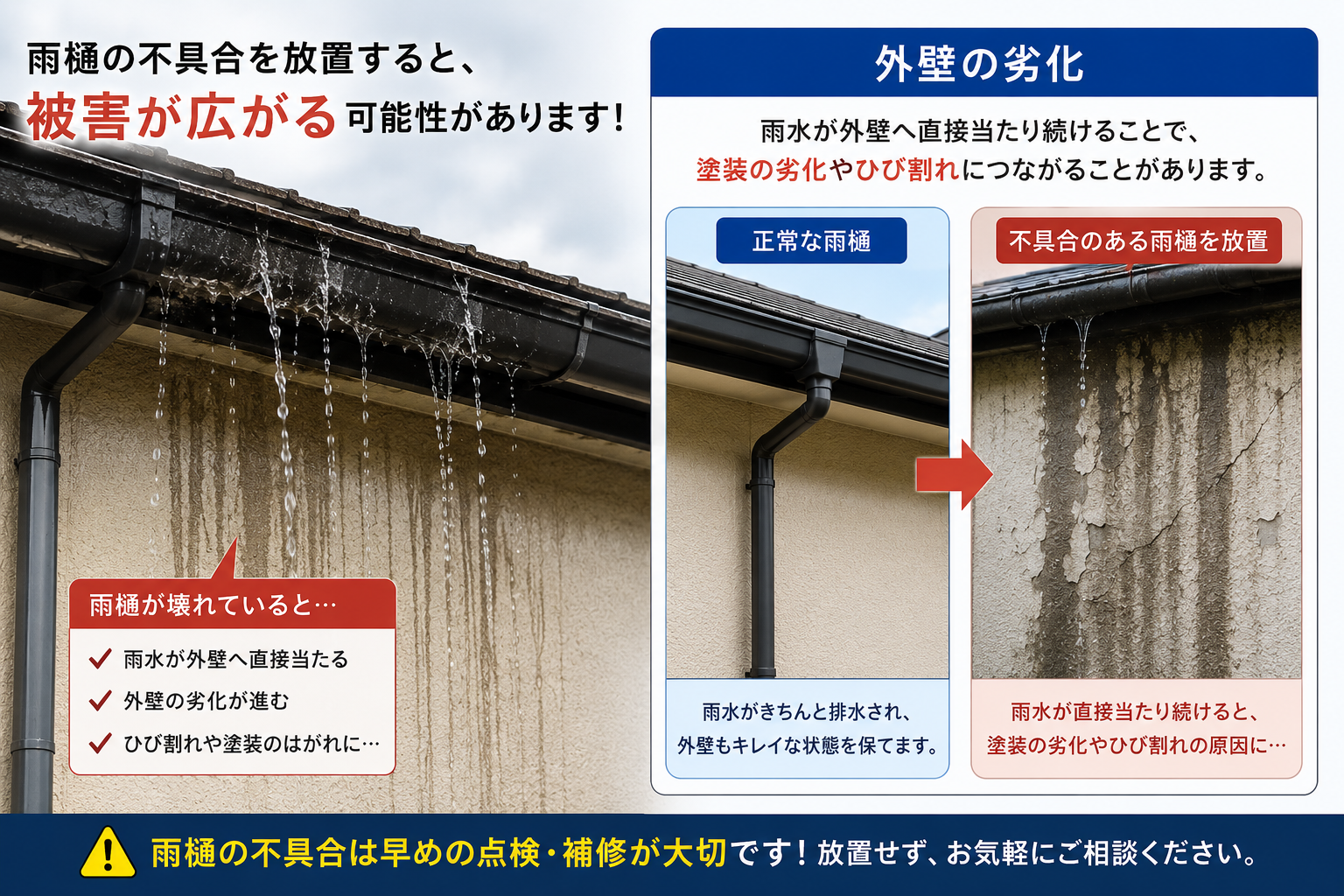 雨樋の劣化は他に悪影響を及ぼします