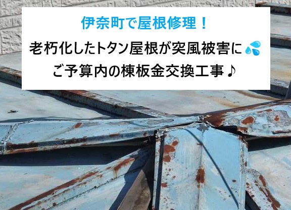 伊奈町で屋根修理！老朽化したトタン屋根が突風被害に💦ご予算内の棟板金交換工事♪