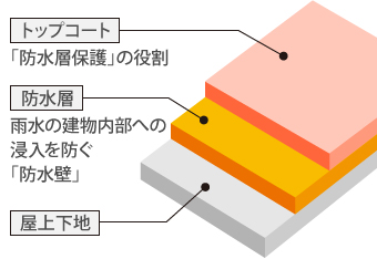 陸屋根は屋上下地の上に防水層、その上にトップコートで施工されています